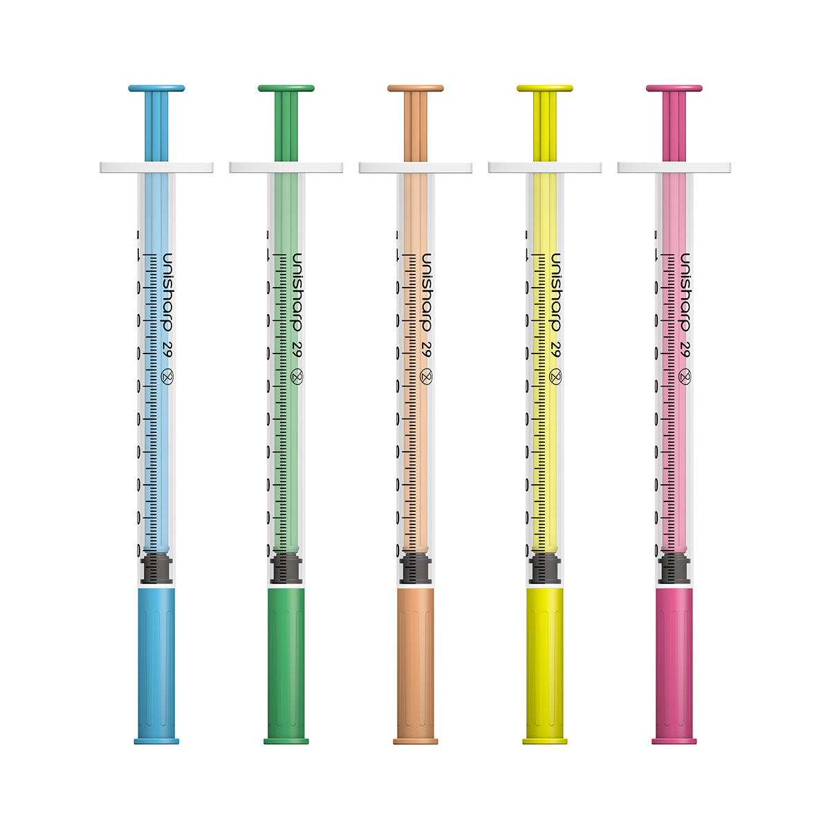 USF webshop syringes 2024 Unisharp 1ml 29G fixed needle syringe: mixed colours - Image 1