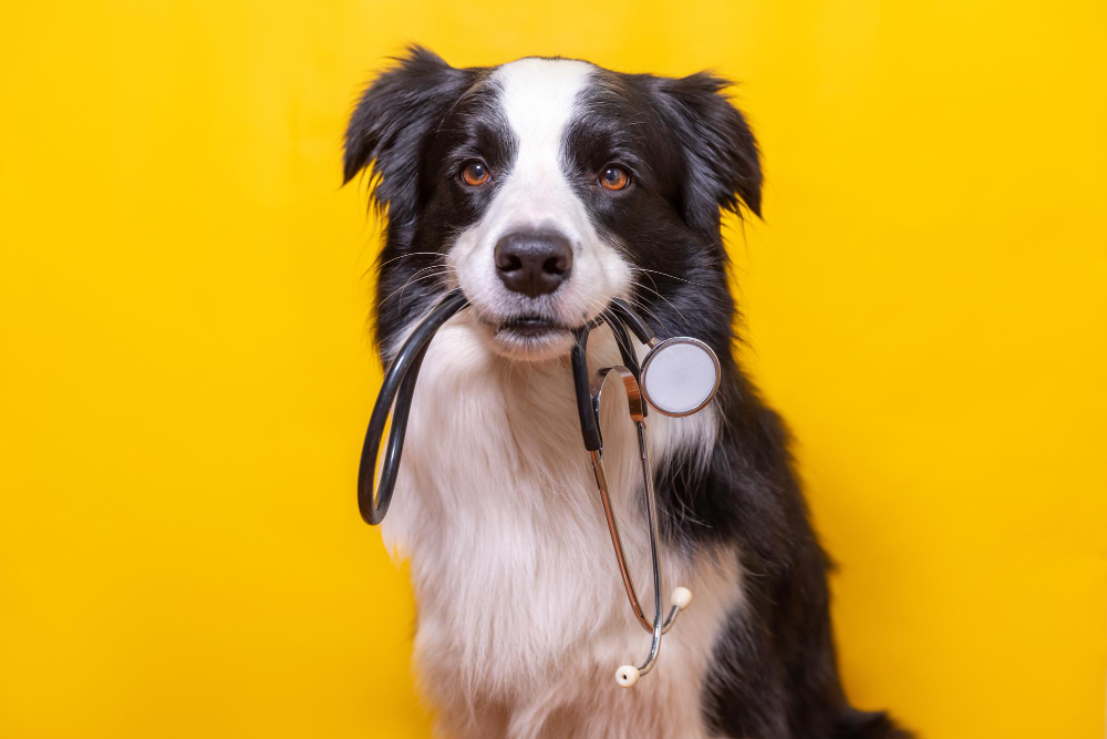puppy dog border collie holding stethoscope mouth isolated yellow background purebred pet dog reception veterinary doctor vet clinic pet health care animals concept