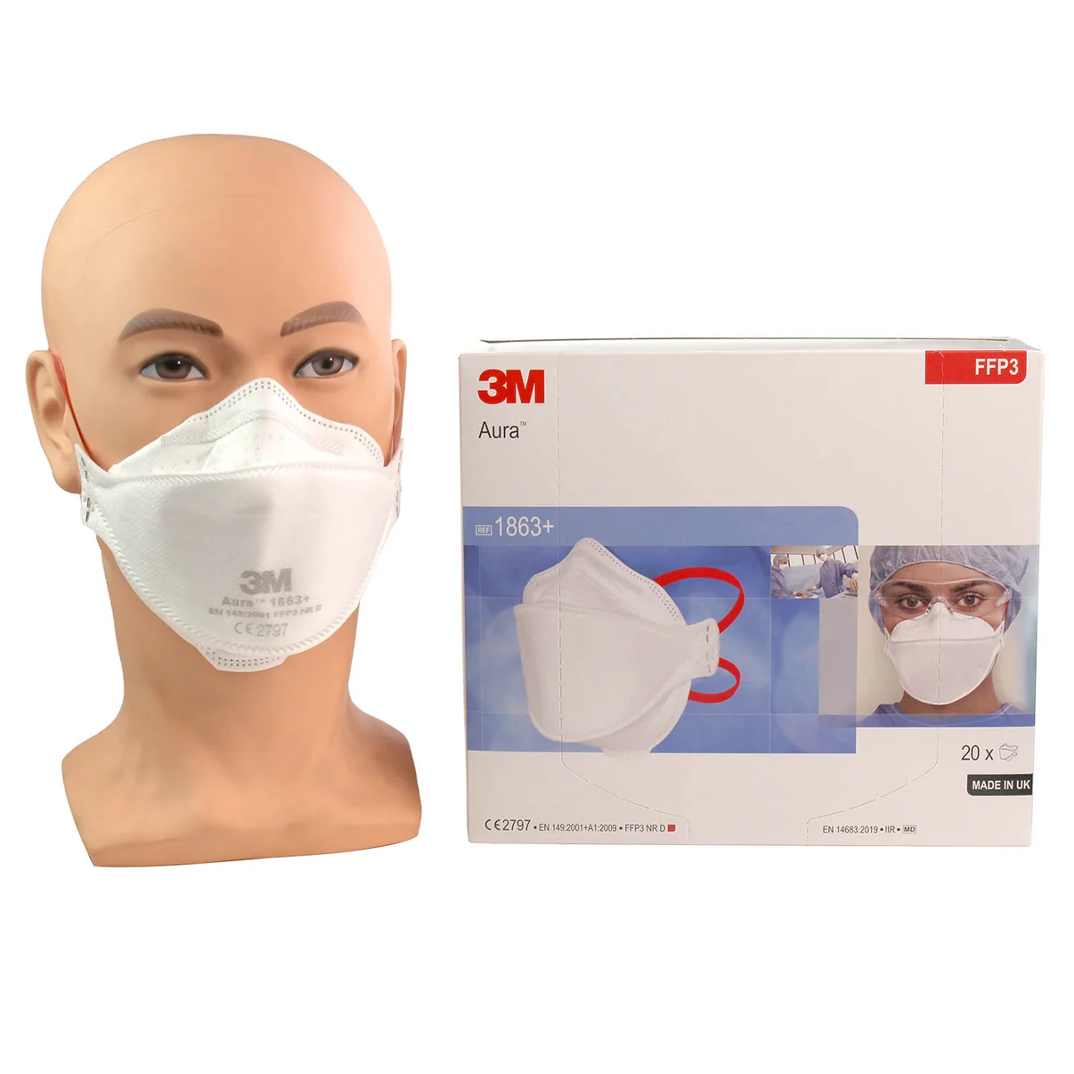 1863_box_and_head_1863 3M™ 1863+ Aura™ Disposable Healthcare Respirator, FFP3 +IIR - Image 1