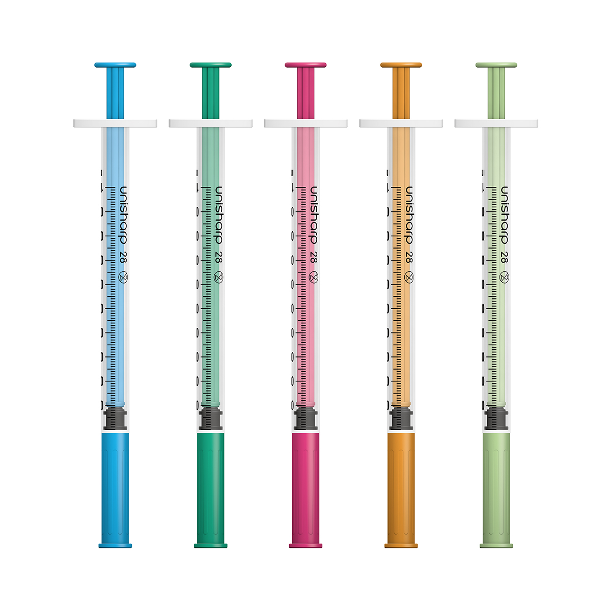 USF 1ml webshop syringes 2024 Unisharp 1ml 28G fixed needle syringe: mixed colours - Image 1